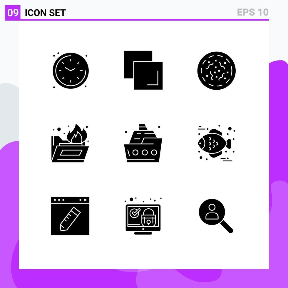 Aktienvektor-Icon-Pack mit 9 Zeilenzeichen und Symbolen für Schiffsozean-Kreuzfahrtordner Antivirus-bearbeitbare Vektordesign-Elemente vektor