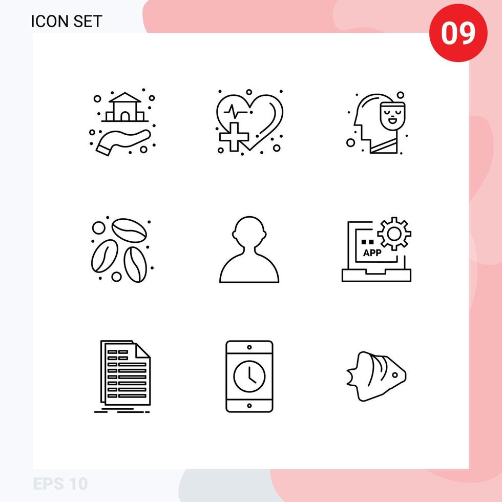 Mobile Interface Gliederungssatz von 9 Piktogrammen von bearbeitbaren Vektordesign-Elementen des Benutzerkaffeebohnenherz-Kaffeegesichts vektor