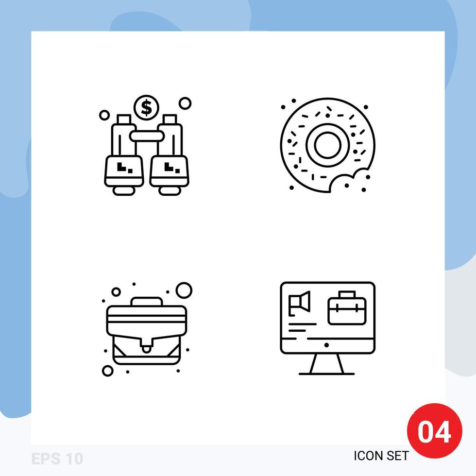 packa av 4 modern fylld linje platt färger tecken och symboler för webb skriva ut media sådan som kikare kontor lokalisera sötsaker dator redigerbar vektor design element