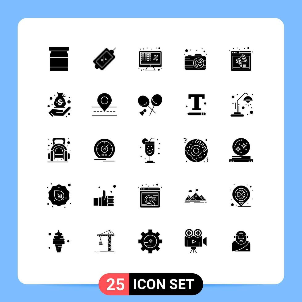 Solides Glyphenpaket mit 25 universellen Symbolen für Soundbrowser, Excel-Bilder, Kamera, editierbare Vektordesign-Elemente vektor