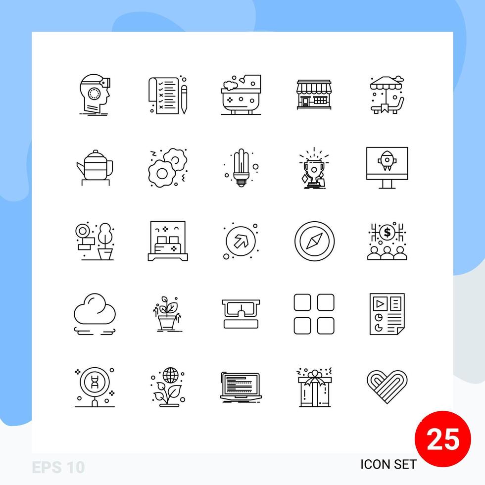 Stock Vector Icon Pack mit 25 Zeilen Zeichen und Symbolen für Sonnenliegen Store Bath Market Shop editierbare Vektordesign-Elemente