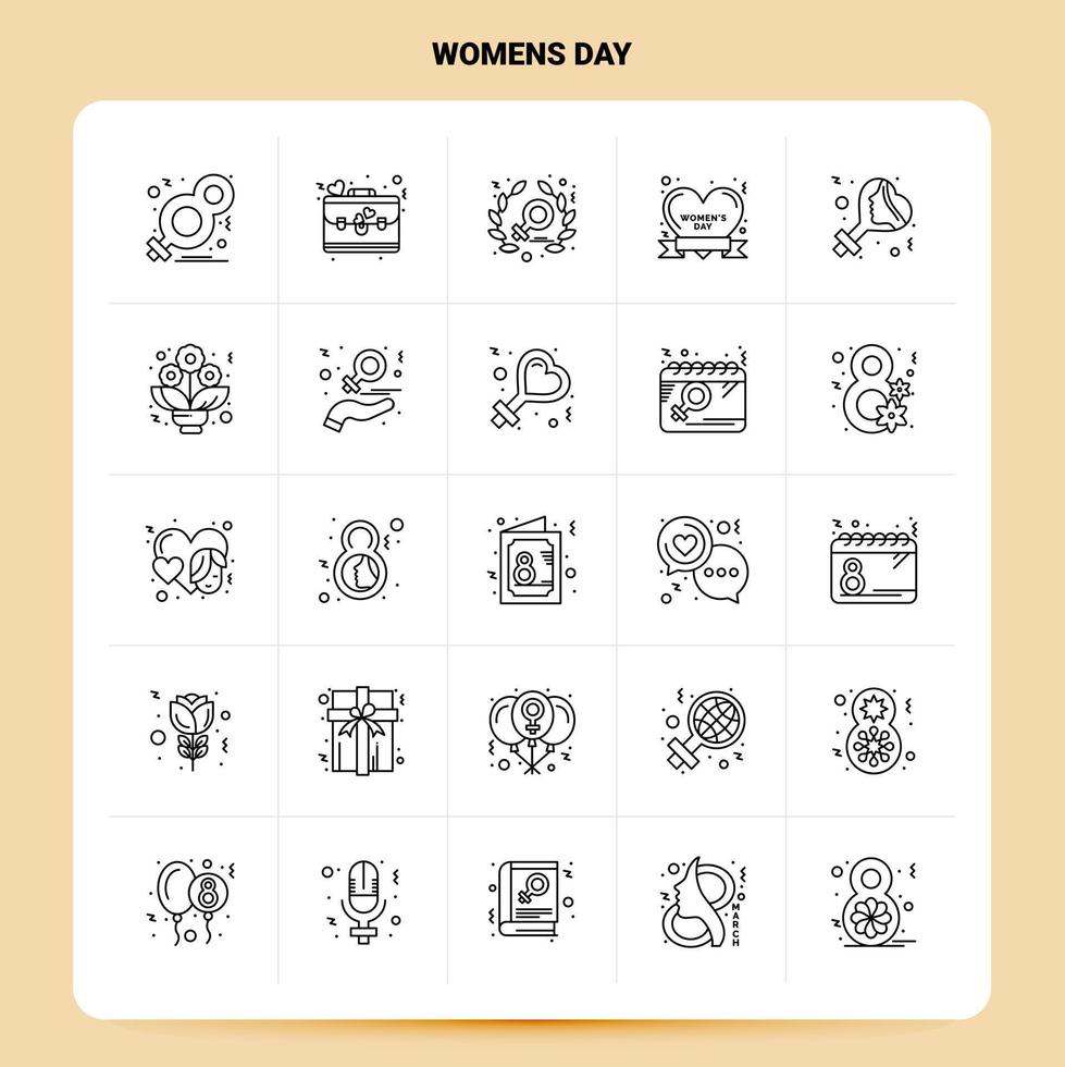 Umriss 25 Womens Day Icon Set Vektor Linienstil Design schwarze Icons Set lineares Piktogramm Pack Web und mobile Geschäftsideen Design Vektor Illustration