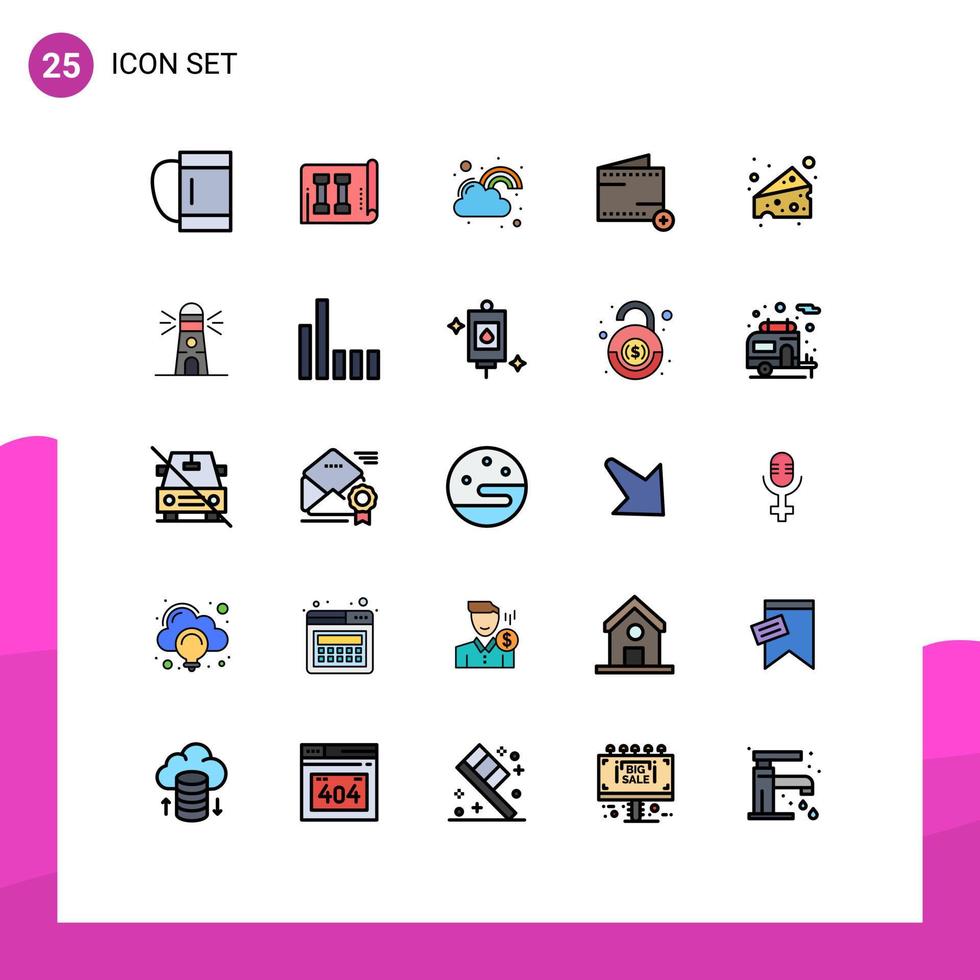 moderner satz von 25 gefüllten flachen linienfarben und symbolen wie lebensmittelgeldbeutel glücklich e fügen bearbeitbare vektordesignelemente hinzu vektor