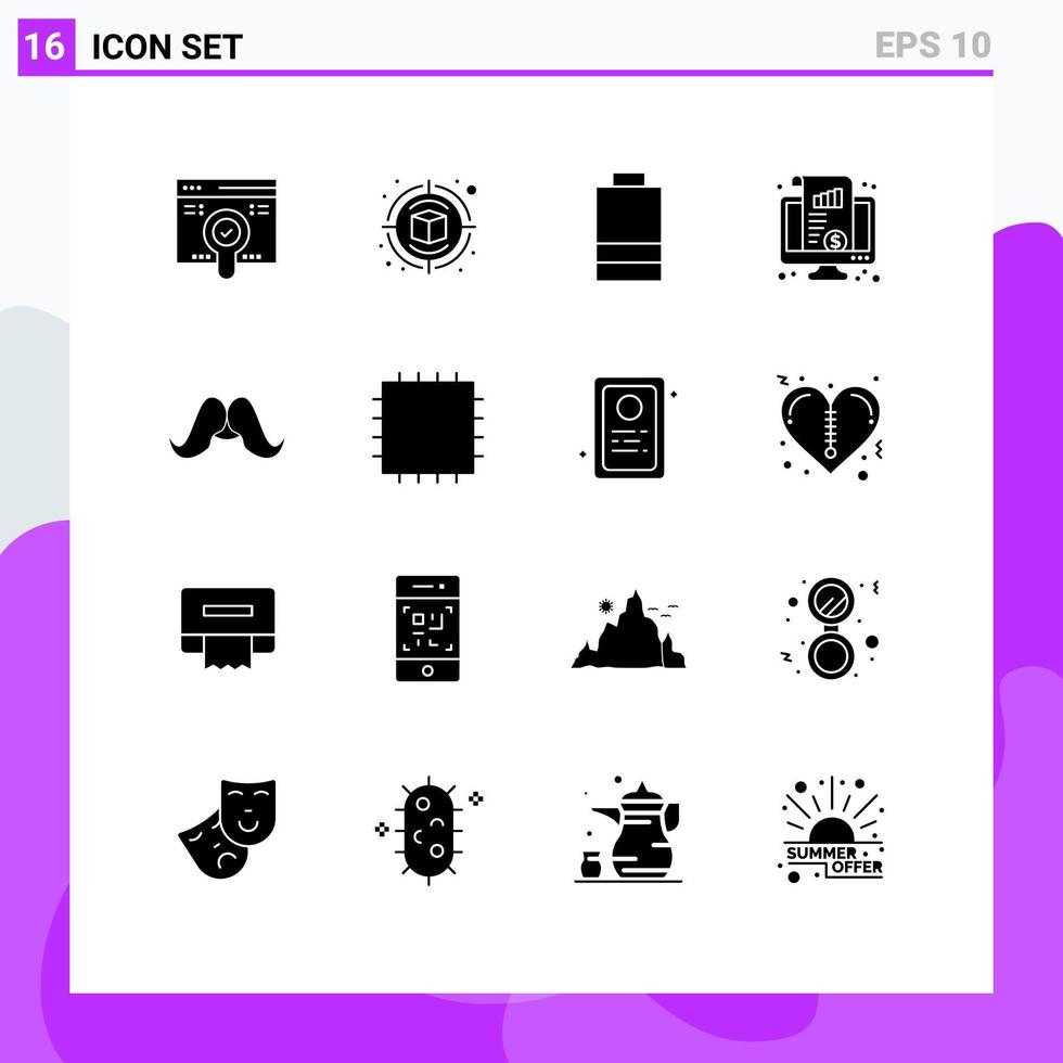 uppsättning av 16 kommersiell fast glyfer packa för hipster pengar batteri Diagram kpi redigerbar vektor design element
