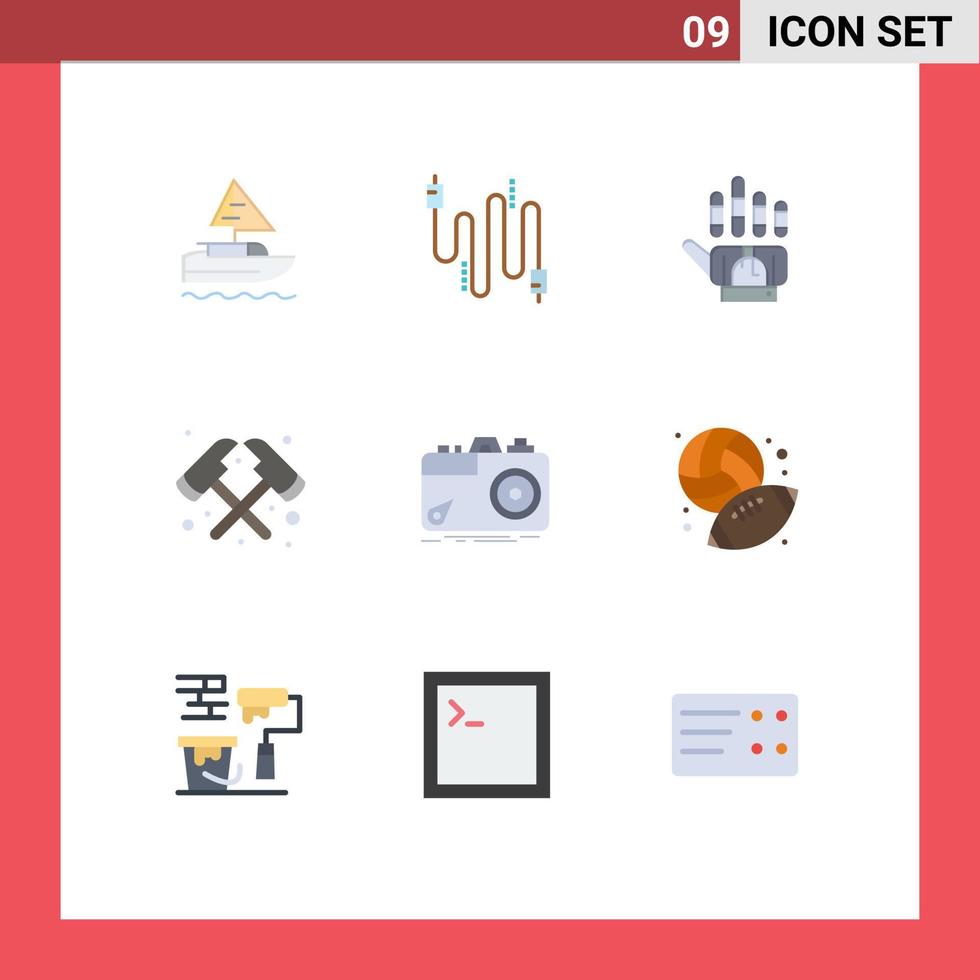uppsättning av 9 kommersiell platt färger packa för fånga kamera spårning brandman yxa redigerbar vektor design element