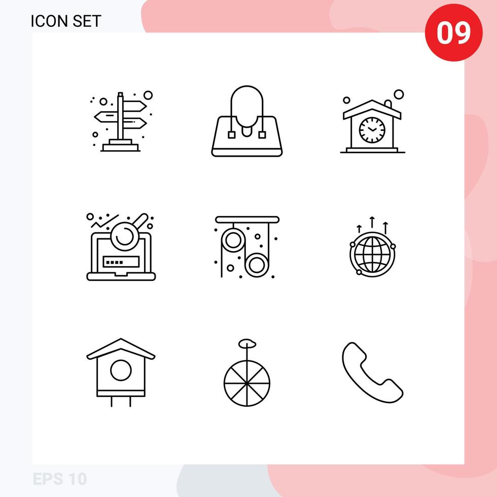 Packung mit 9 modernen Umrisszeichen und Symbolen für Web-Printmedien wie Forschungsphysik Zeit Login-Datei editierbare Vektordesign-Elemente vektor