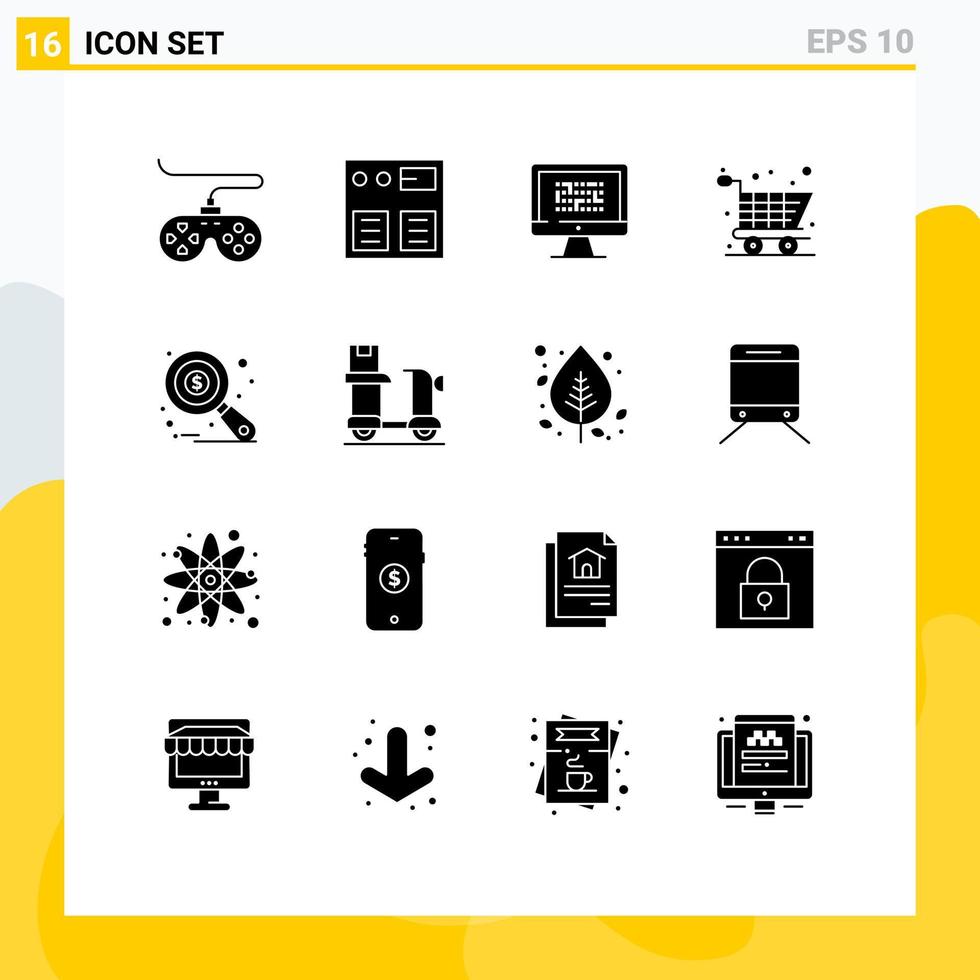 piktogrammsatz von 16 einfachen soliden glyphen der forschung online-einkaufswageninformationen editierbare vektordesignelemente vektor