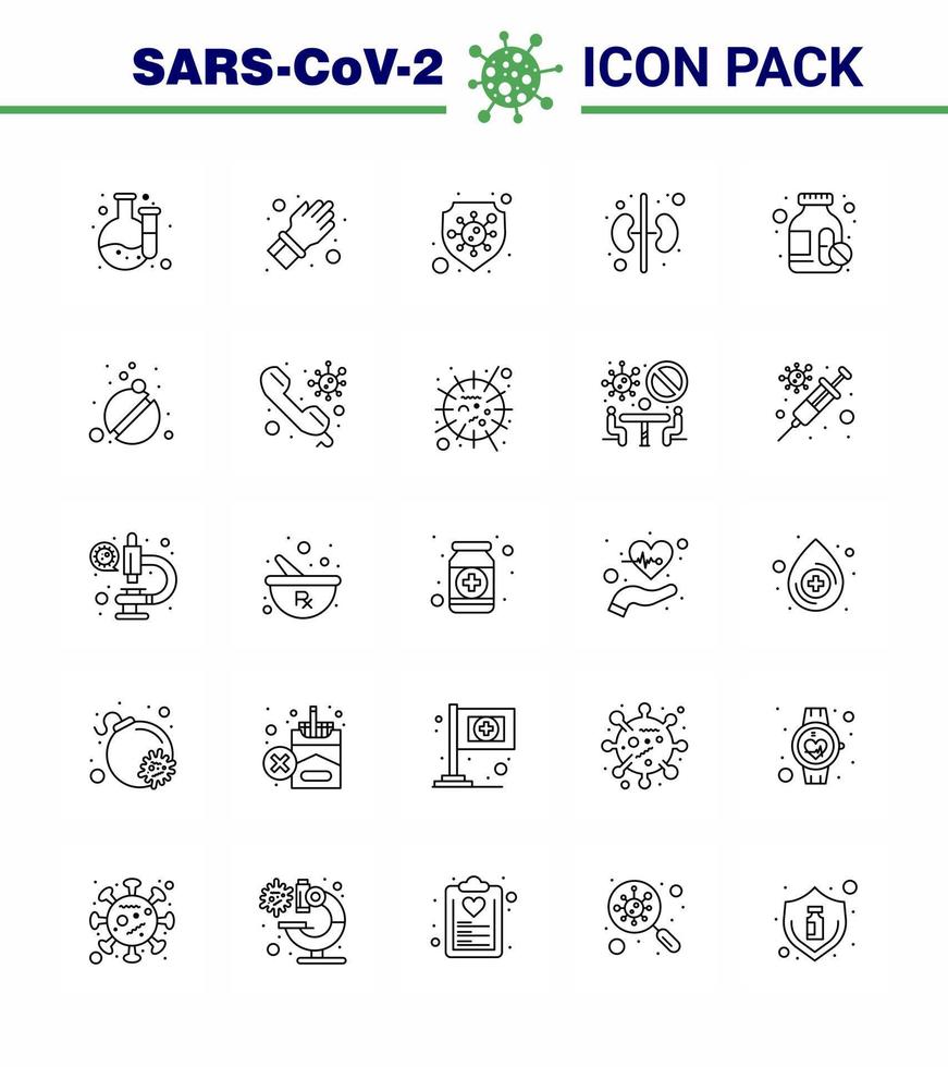 Coronavirus 25-Zeilensymbol, das zum Thema Koronaepidemie eingestellt ist, enthält Symbole wie Medizin Medizinflasche Sicherheitsmedikamente Niere virales Coronavirus 2019nov-Krankheitsvektor-Designelemente vektor