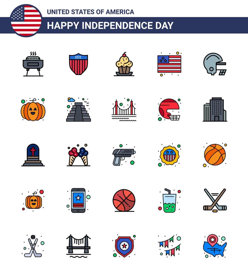 25 platt fylld linje tecken för USA oberoende dag fotboll USA kaka flagga tacksägelse redigerbar USA dag vektor design element