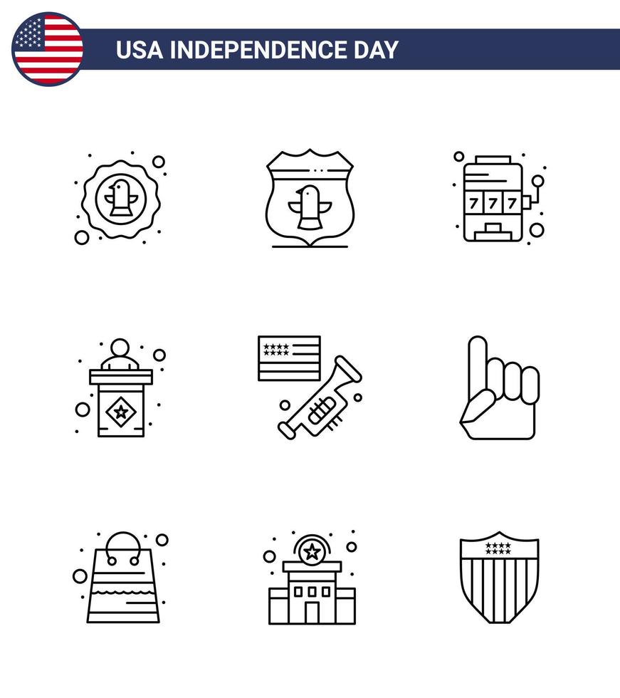 Lycklig oberoende dag 4:e juli uppsättning av 9 rader amerikan pictograph av flagga skede säkerhet val spel redigerbar USA dag vektor design element