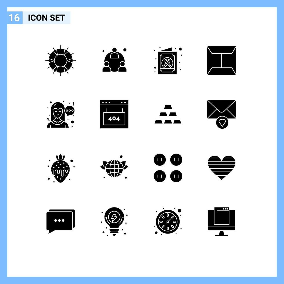 mobil gränssnitt fast glyf uppsättning av 16 piktogram av kvinna chatt nätverk posta kuvert redigerbar vektor design element