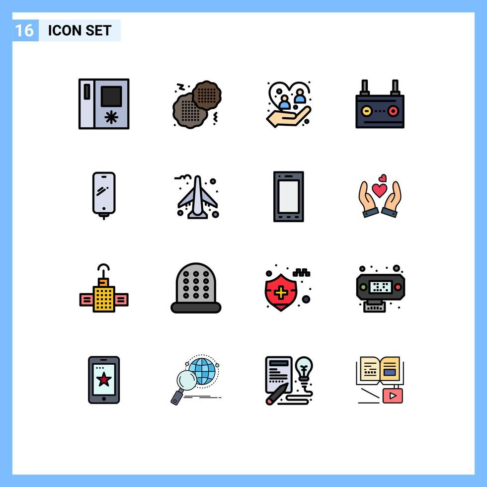 Piktogrammsatz aus 16 einfachen, flachen, farbgefüllten Linien von Smartphone-Energie menschlicher Strombatterie editierbare kreative Vektordesign-Elemente vektor