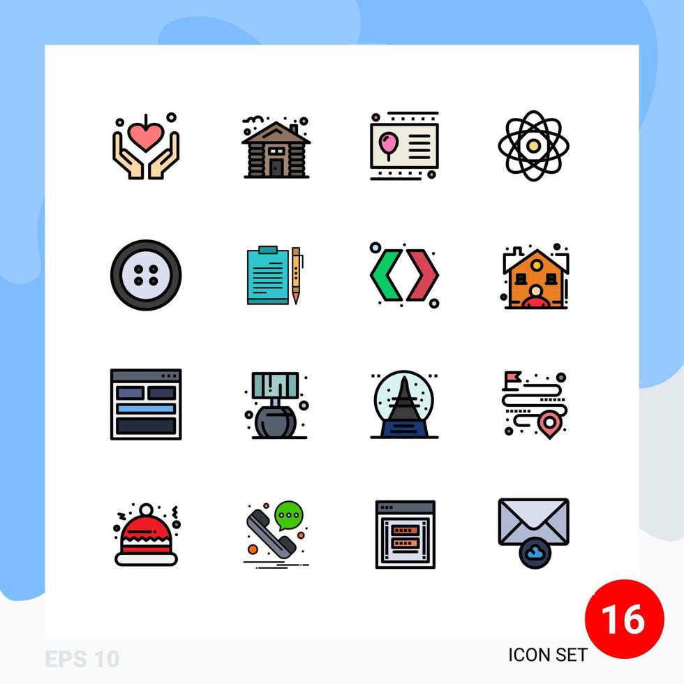 satz von 16 kommerziellen flachen farbgefüllten linienpaket für dokumentknopf geschenkkarte wissenschaft atom editierbare kreative vektordesignelemente vektor