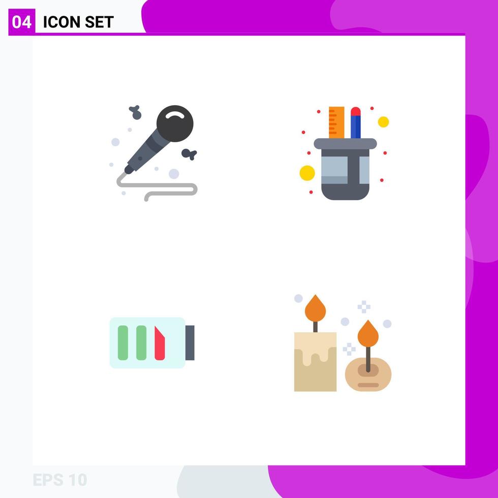 Flaches Icon-Paket mit 4 universellen Symbolen für Mikrofonbatterie-Hobby-Bleistiftbox einfach bearbeitbare Vektordesign-Elemente vektor