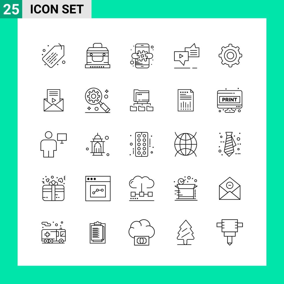 Packung mit 25 Linienstil-Icon-Set Gliederungssymbolen für den Druck kreative Schilder isoliert auf weißem Hintergrund vektor