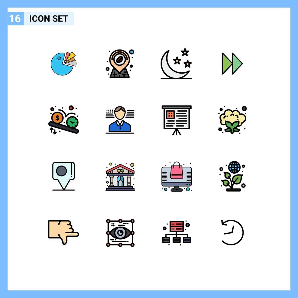 Satz von 16 flachen, farbgefüllten Vektorlinien auf dem Raster für Terminplan-Halbmond-Video vorwärts editierbare kreative Vektordesign-Elemente vektor