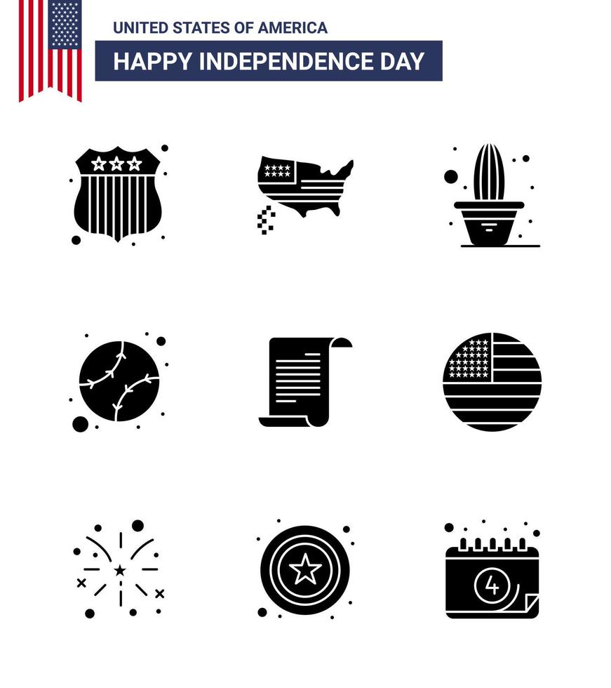 Happy Independence Day Pack mit 9 soliden Glyphen Zeichen und Symbolen für American File Flower United Baseball editierbare Usa Day Vektordesign-Elemente vektor