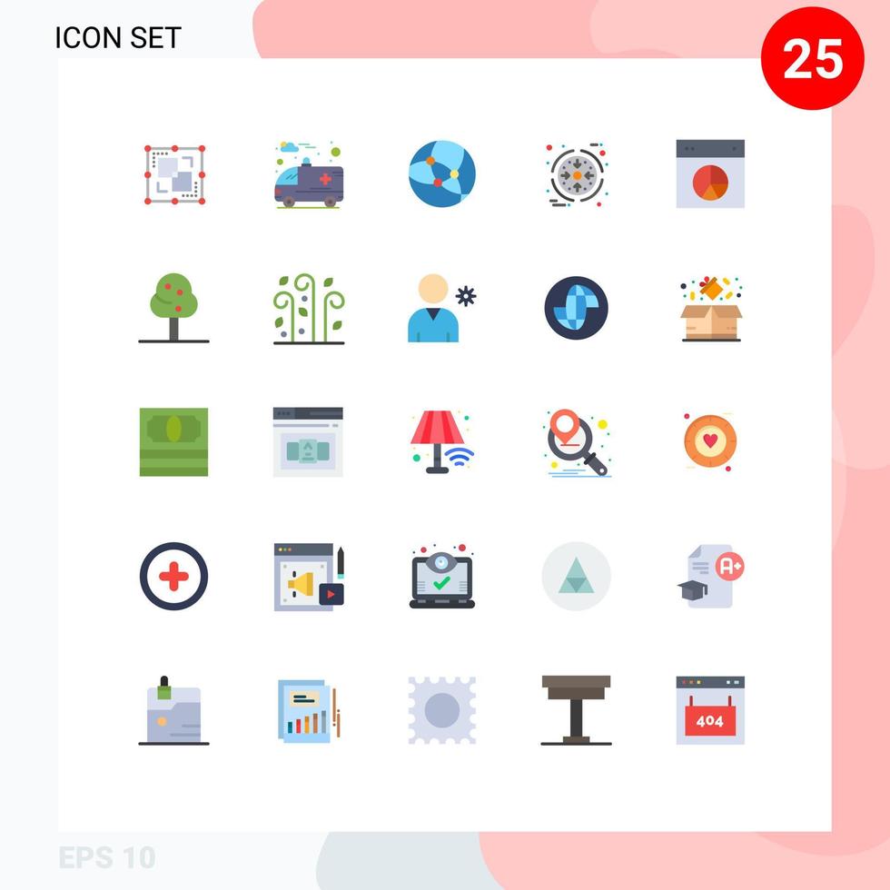 Gruppe von 25 flachen Farbzeichen und Symbolen für die Verarbeitung von bearbeitbaren Vektordesignelementen für das Tortendesign-Netzwerkdiagramm vektor