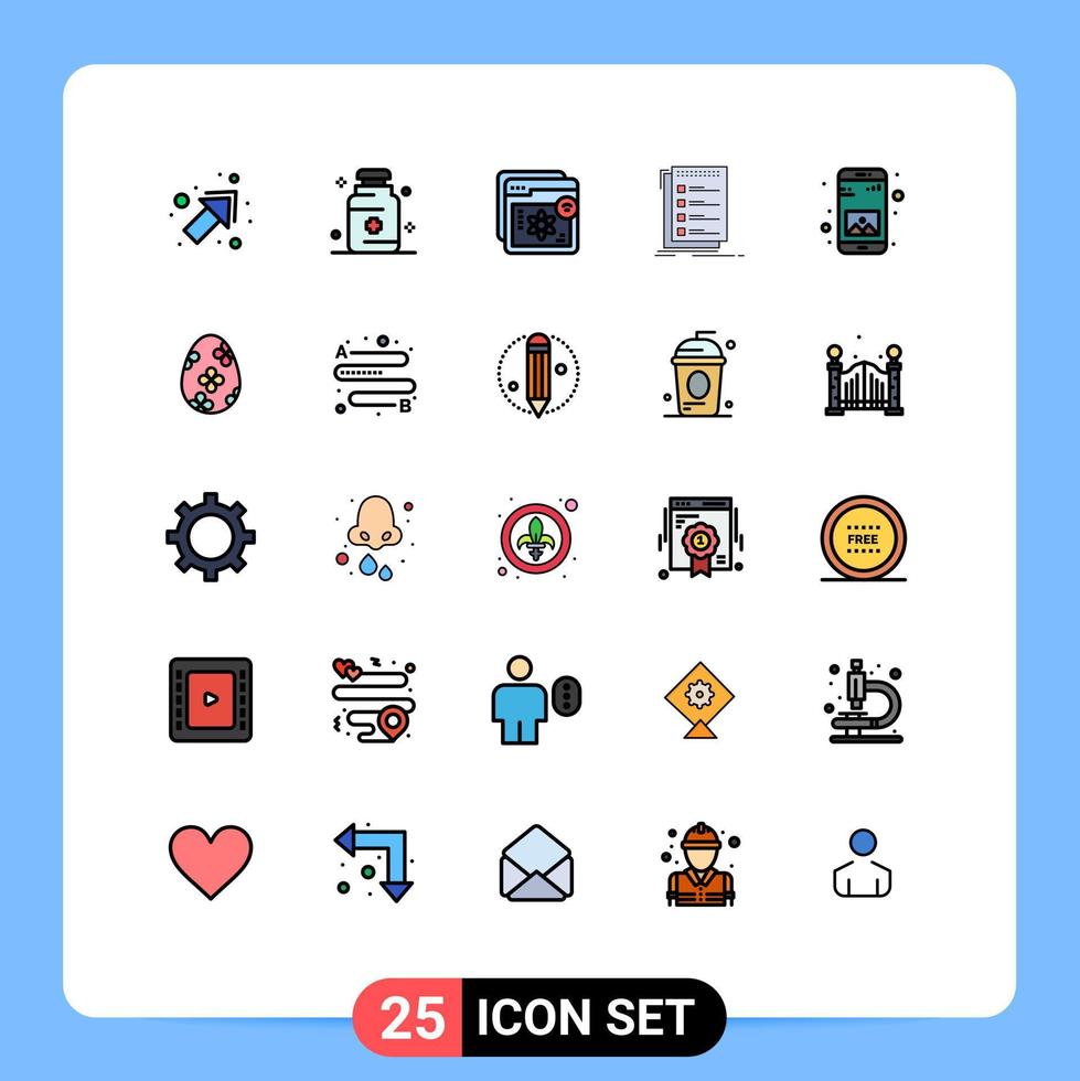 Packung mit 25 modernen, gefüllten flachen Farbzeichen und Symbolen für Web-Printmedien wie To-do-Liste und Checkliste, die editierbare Vektordesign-Elemente lernen vektor