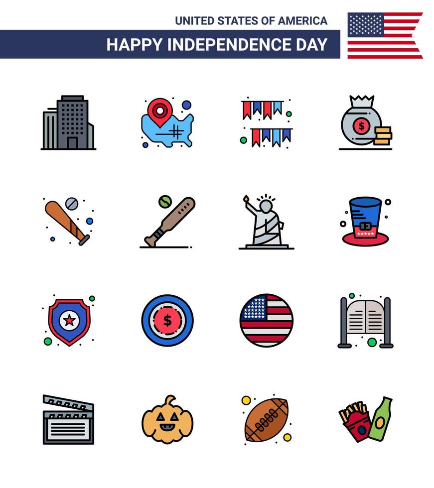 16 USA platt fylld linje tecken oberoende dag firande symboler av boll pengar amerikan dag väska fest redigerbar USA dag vektor design element