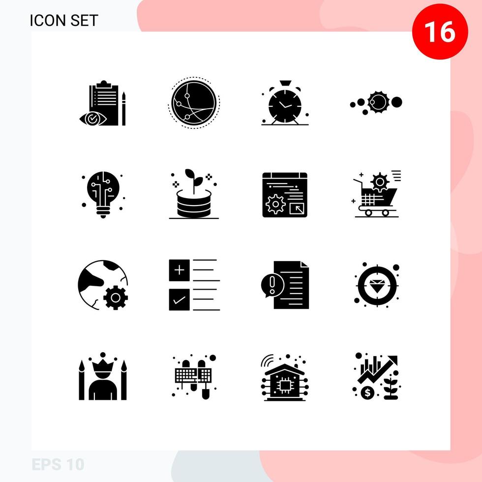 uppsättning av 16 vektor fast glyfer på rutnät för sol- systemet systemet internet sol- tid redigerbar vektor design element