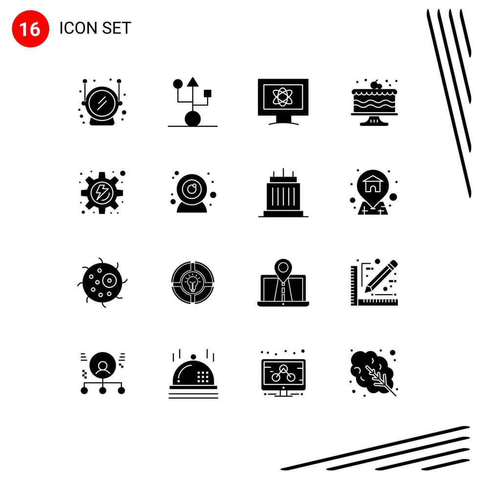 16 solides Glyphenpaket der Benutzeroberfläche mit modernen Zeichen und Symbolen von bearbeitbaren Vektordesign-Elementen für Ausrüstungsparty Atom Essen Geburtstag vektor