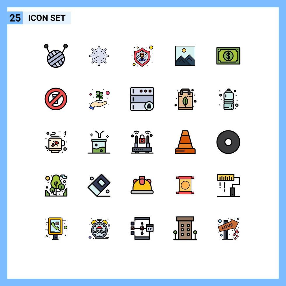 Packung mit 25 modernen, gefüllten flachen Farbzeichen und Symbolen für Web-Printmedien wie Zahlungswährung, Mitarbeiterbildung, Bild, editierbare Vektordesign-Elemente vektor