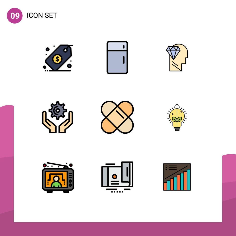 redigerbar vektor linje packa av 9 enkel fylld linje platt färger av lappa redskap hushåll kugge huvud redigerbar vektor design element