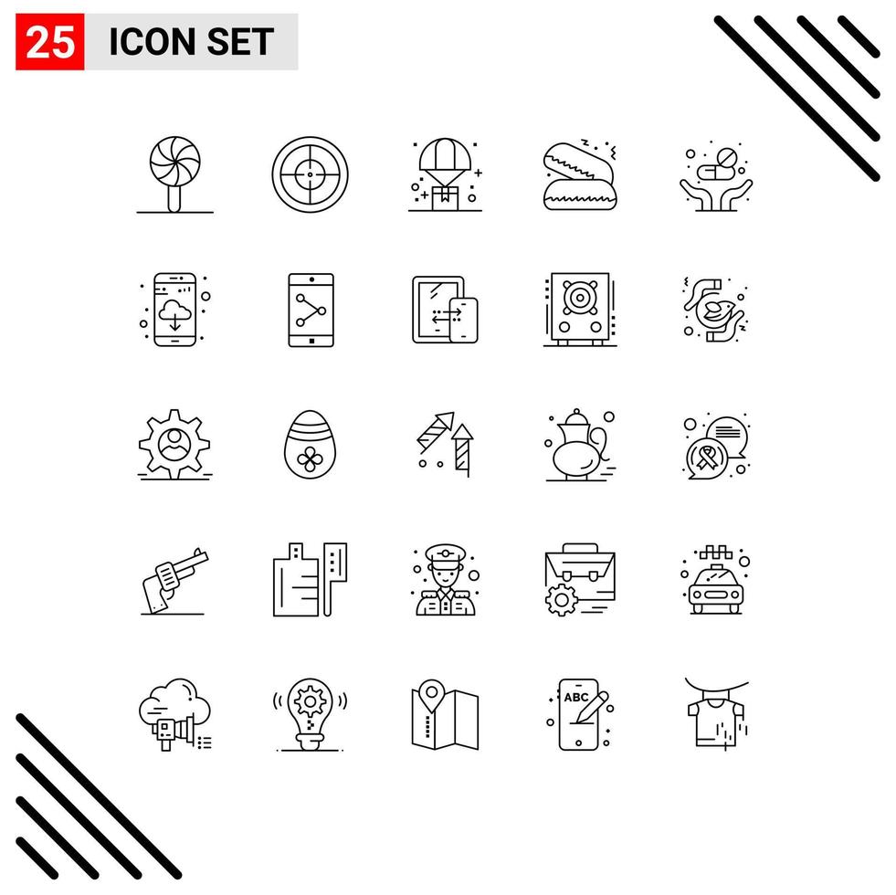 Linienpaket mit 25 universellen Symbolen für Tabletten, Medizin, Lieferung, Torte, Fast Food, bearbeitbare Vektordesign-Elemente vektor