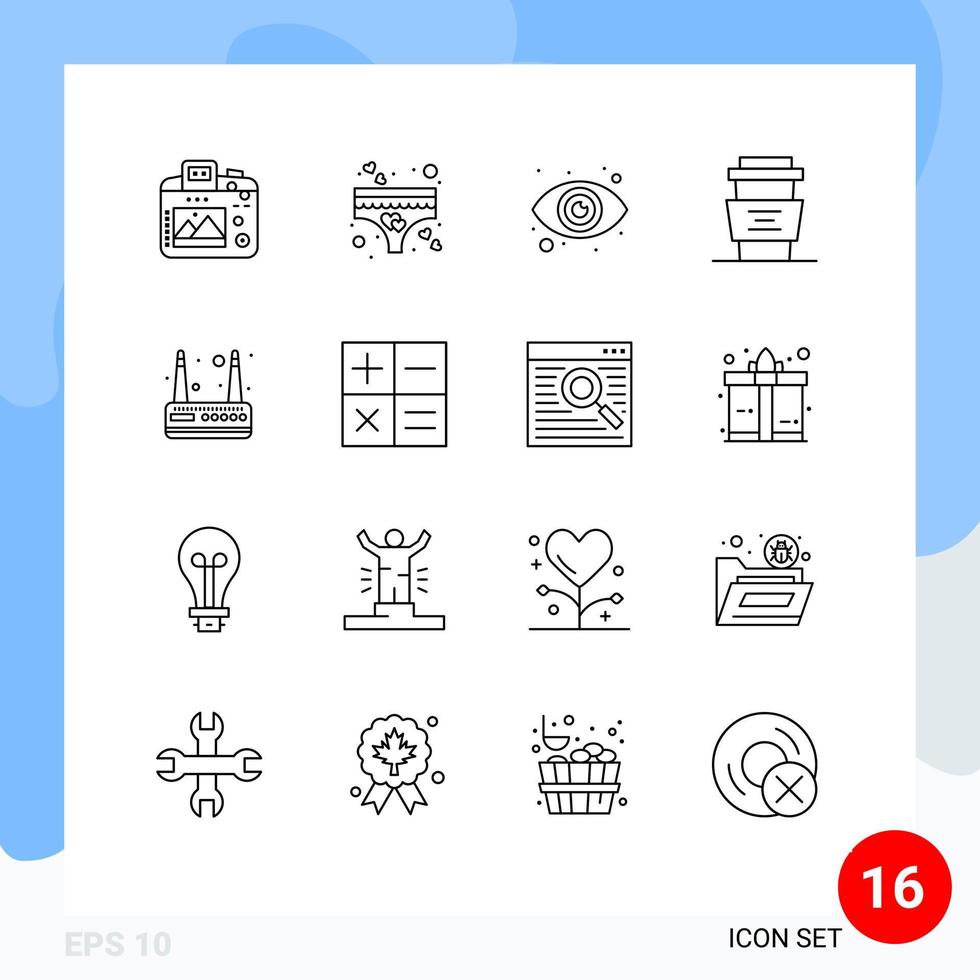 piktogram uppsättning av 16 enkel konturer av router dryck öga kopp Kafé redigerbar vektor design element