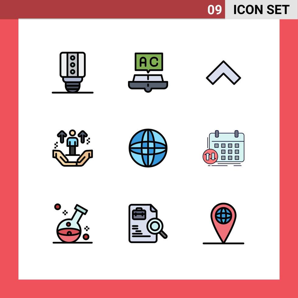 Gruppe von 9 modernen Filledline-Flachfarben, die für das Internet eingestellt sind Pfeil Pfeilunterstützung handbearbeitbare Vektordesign-Elemente vektor