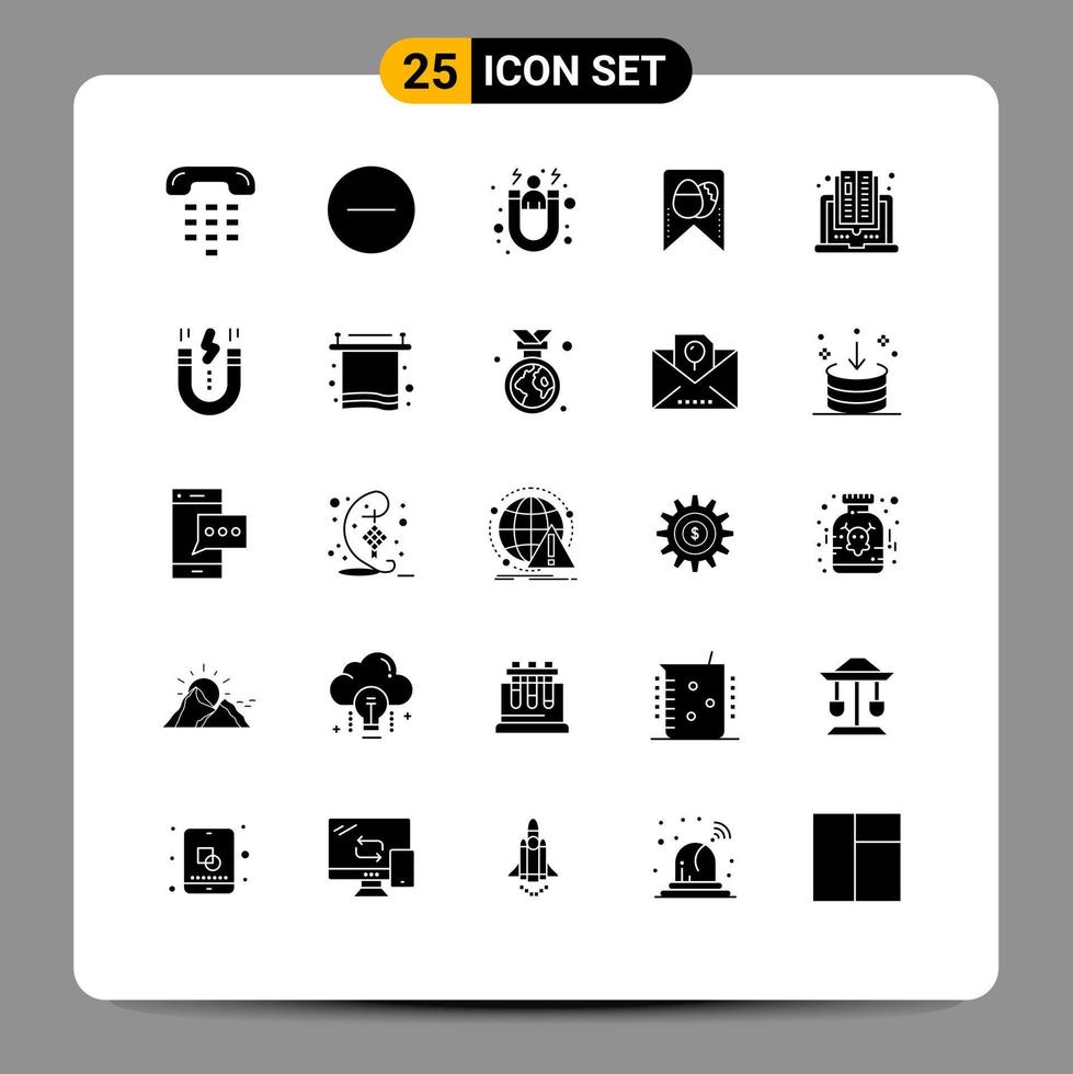 Mobile Schnittstelle solider Glyph-Satz von 25 Piktogrammen von Computer-Ei-Multimedia-Ostern-Kundenbindung editierbare Vektordesign-Elemente vektor