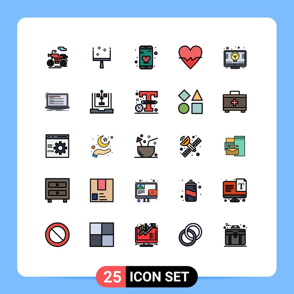 Piktogrammsatz von 25 einfachen gefüllten Linienflachfarben von Code-Lichttelefon-Ideenhaut editierbaren Vektordesign-Elementen vektor