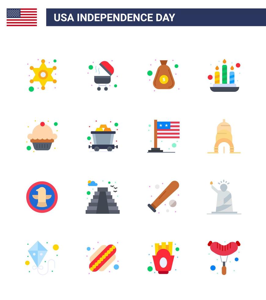 16 Usa-Flachpackung mit Zeichen und Symbolen für den Unabhängigkeitstag des Einkaufswagens, Dessert, Geld, Kuchen, Feuer, editierbare Usa-Tag-Vektordesign-Elemente vektor