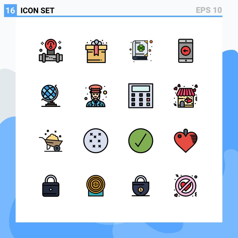 Gruppe von 16 flachen, farbgefüllten Linien Zeichen und Symbolen für Globus Erde Klee links mobil editierbare kreative Vektordesign-Elemente vektor