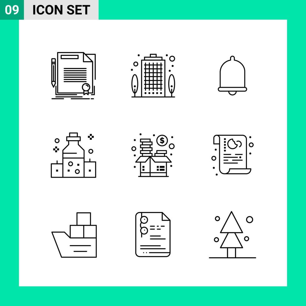 Packung mit 9 Linienstil-Icon-Set Gliederungssymbolen für den Druck kreative Schilder isoliert auf weißem Hintergrund vektor