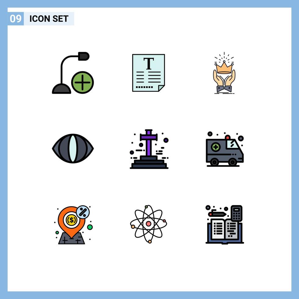 Packung mit 9 modernen Filledline-Flachfarben Zeichen und Symbolen für Web-Printmedien wie bearbeitbare Vektordesign-Elemente für Cross-Face-Font-Eye-Markt vektor