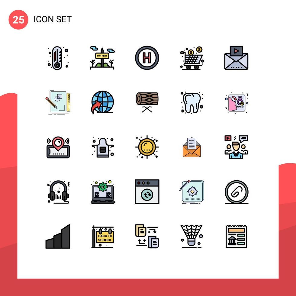 mobil gränssnitt fylld linje platt Färg uppsättning av 25 piktogram av media meddelande tecken handla full redigerbar vektor design element