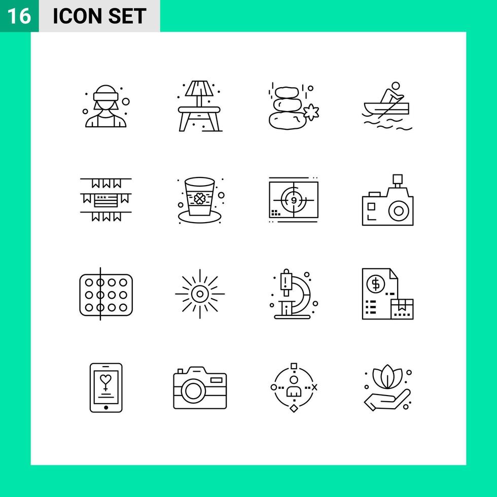 Stock Vector Icon Pack mit 16 Linienzeichen und Symbolen für Partydekoration Water Rock Trainingsboot editierbare Vektordesign-Elemente