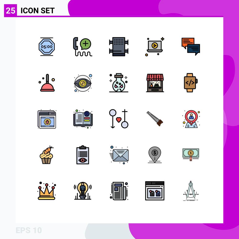 användare gränssnitt packa av 25 grundläggande fylld linje platt färger av meddelande video gränssnitt spela rum redigerbar vektor design element