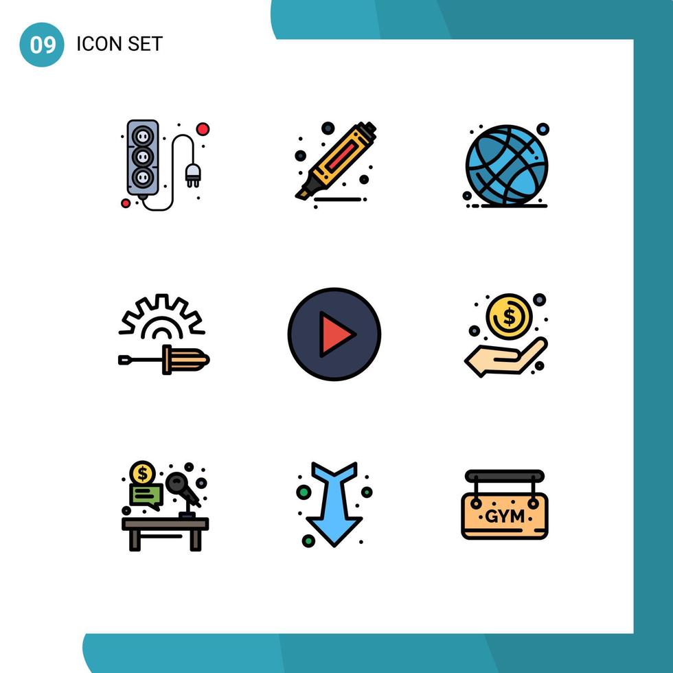 9 tematiska vektor fylld linje platt färger och redigerbar symboler av kontanter multimedia utbildning verktyg förare redigerbar vektor design element