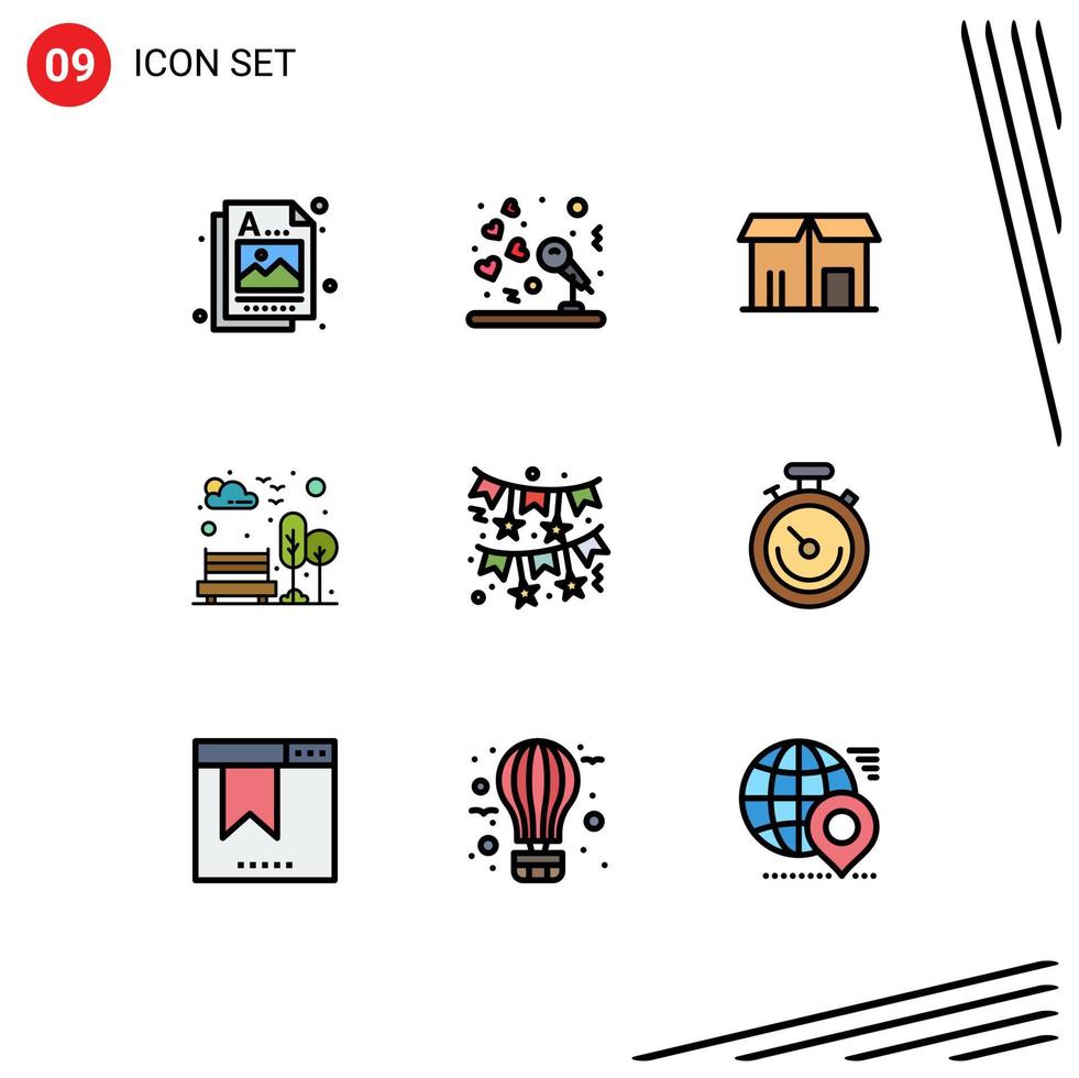 Stock Vector Icon Pack mit 9 Zeilenzeichen und Symbolen für Dekorationsbaum E-Commerce Parkbank editierbare Vektordesign-Elemente