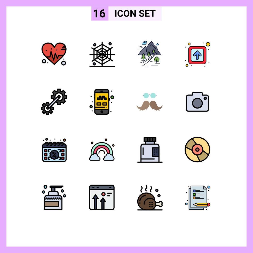 moderner Satz von 16 flachen, farbig gefüllten Linien Piktogramm von Engineering Cogs Hill Zeichen vorwärts editierbare kreative Vektordesign-Elemente vektor