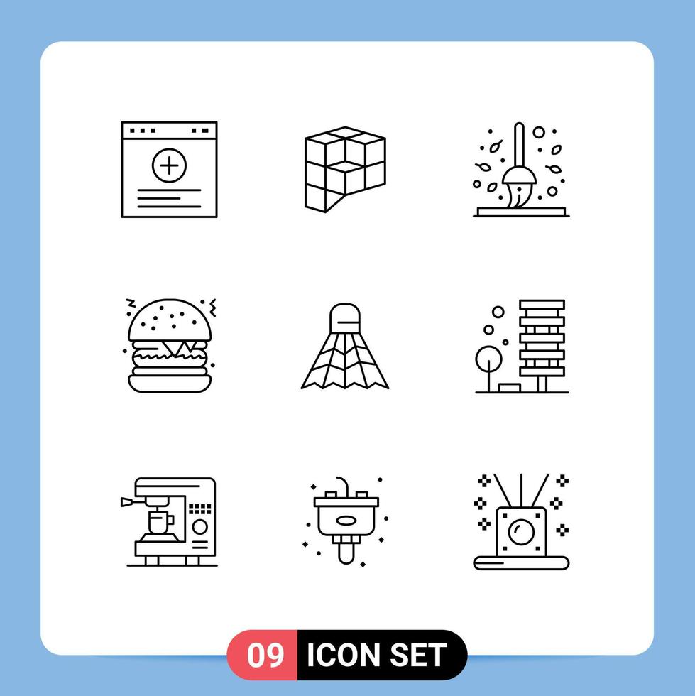 uppsättning av 9 modern ui ikoner symboler tecken för sport badminton kvast mat burger redigerbar vektor design element