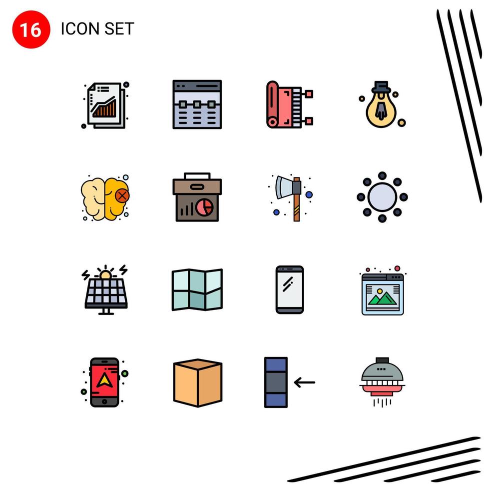 Piktogramm-Set aus 16 einfachen, flachen, farbgefüllten Linien von Gehirn-Licht-Interface-Glühbirnen-Gebet editierbare kreative Vektor-Design-Elemente vektor