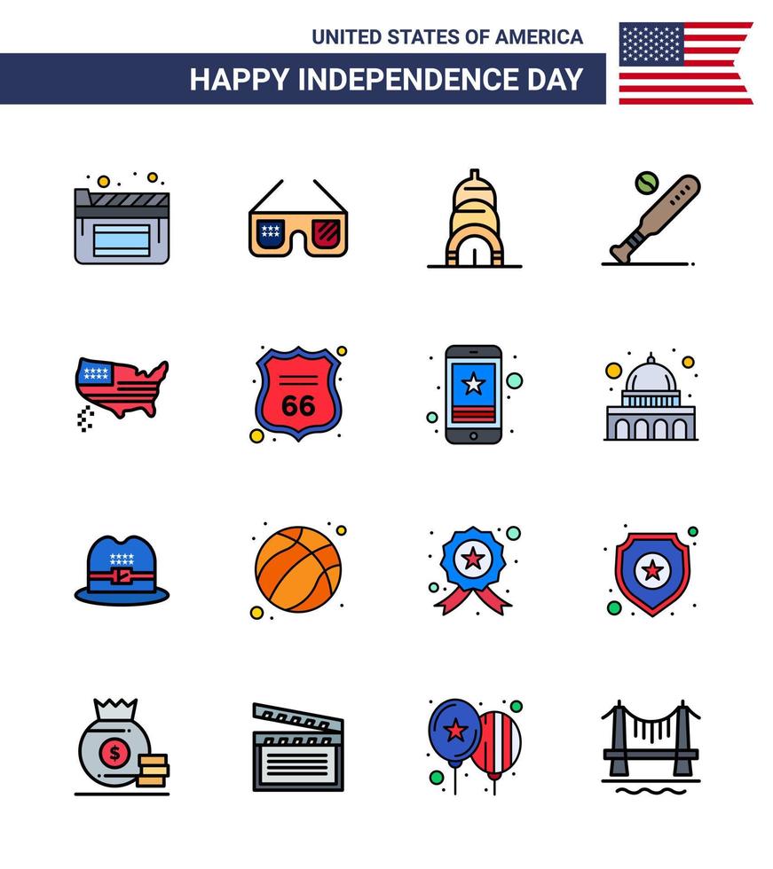 Happy Independence Day 16 flach gefüllte Linien Icon Pack für Web und Print Thanksgiving American Building Usa Fledermaus editierbare Usa Day Vektordesign-Elemente vektor