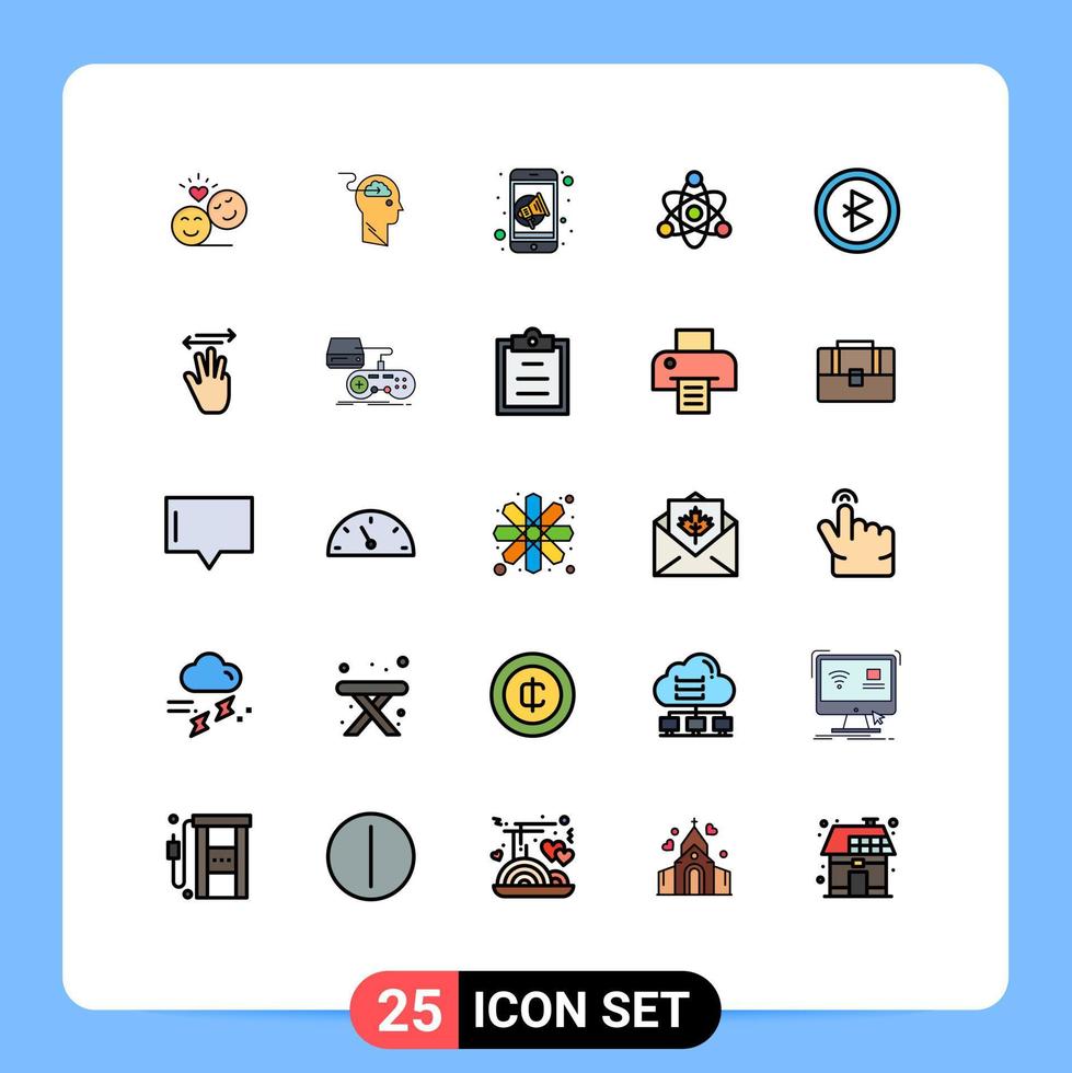 Packung mit 25 kreativ gefüllten flachen Farben von Bluetooth erziehen Upload Atom mobile editierbare Vektordesign-Elemente vektor