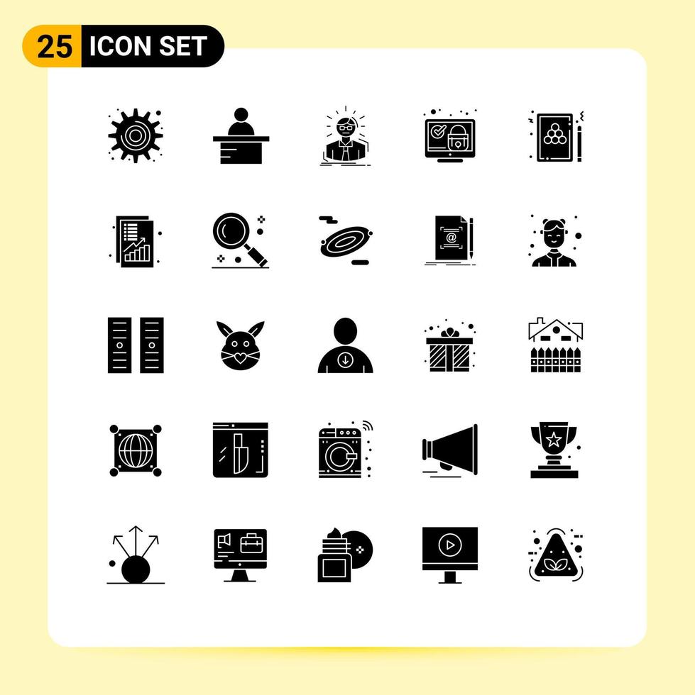 25 fast glyf begrepp för webbplatser mobil och appar snooker kolla upp anställd systemet låsa redigerbar vektor design element