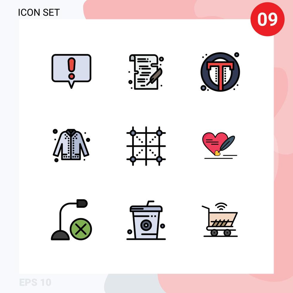 Satz von 9 kommerziellen Filledline-Flachfarbenpaketen zum Codieren von bearbeitbaren Vektordesignelementen für Einkaufsfoto-Modejacken vektor