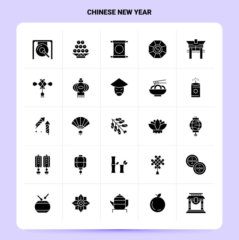 Solide 25 chinesische Neujahrssymbole setzen Vektor-Glyphen-Stildesign schwarze Symbole setzen Web- und mobile Geschäftsideen entwerfen Vektorillustration vektor